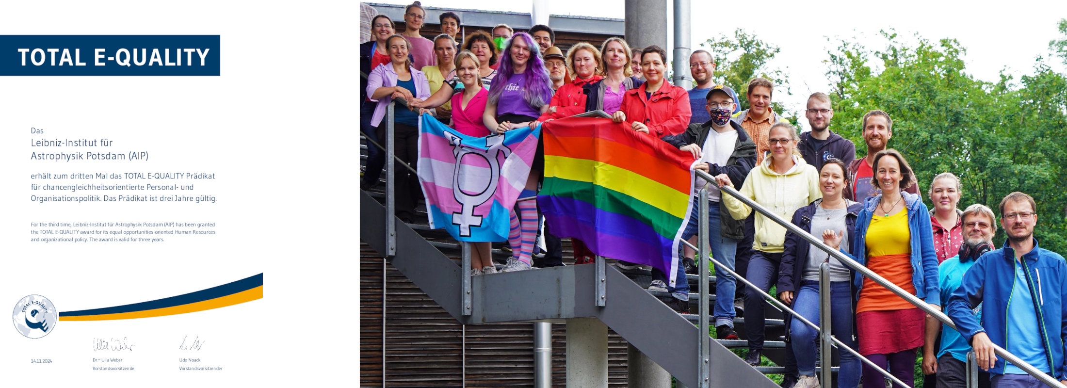Illustrations: AIP's Total e-Quality certificate and photo of a Pride Day celebration